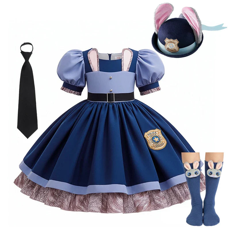 Girls Judy Hopps Police Officer Dress Zootopia Bunny Costume Kids Dress Up Halloween Rabbit Dress Outfits