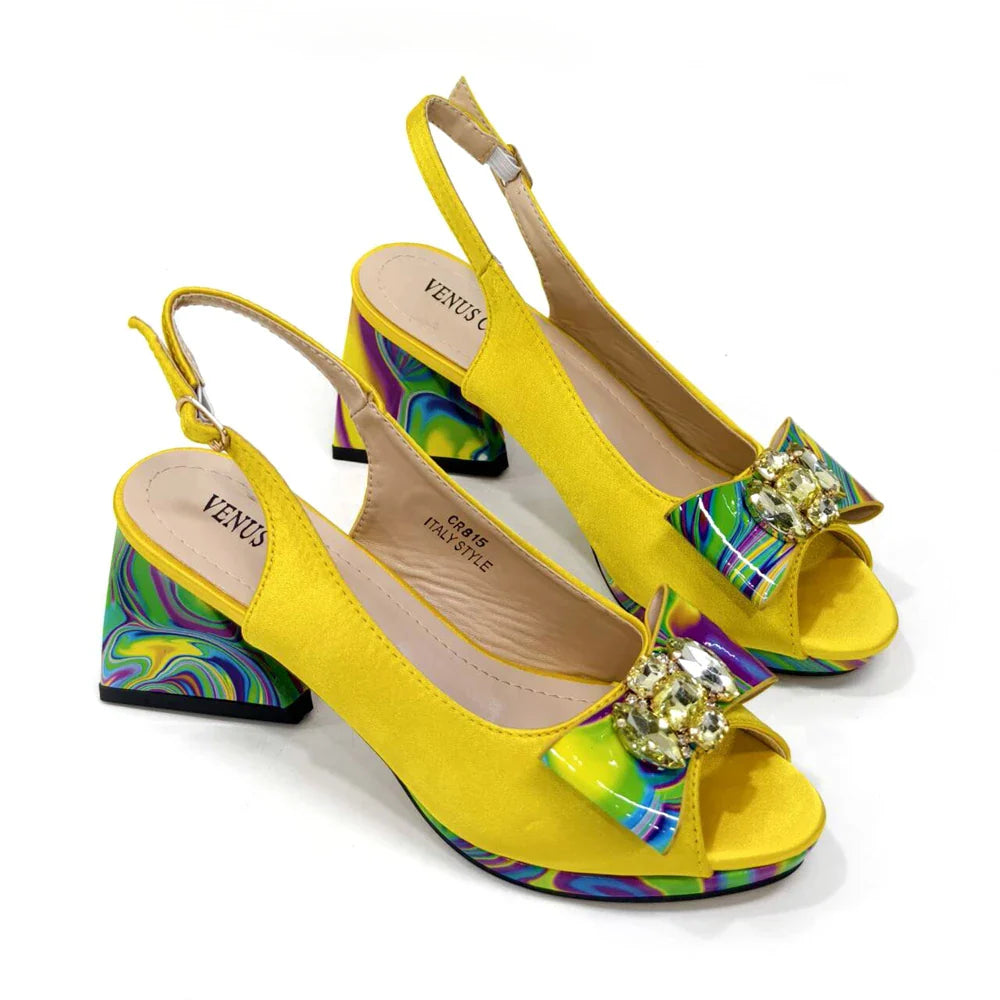 Fashion Purple Color Painted Rhinestones Elegant Peep Toe Sandals Shoes and Bag Set Italian Heels for Womens