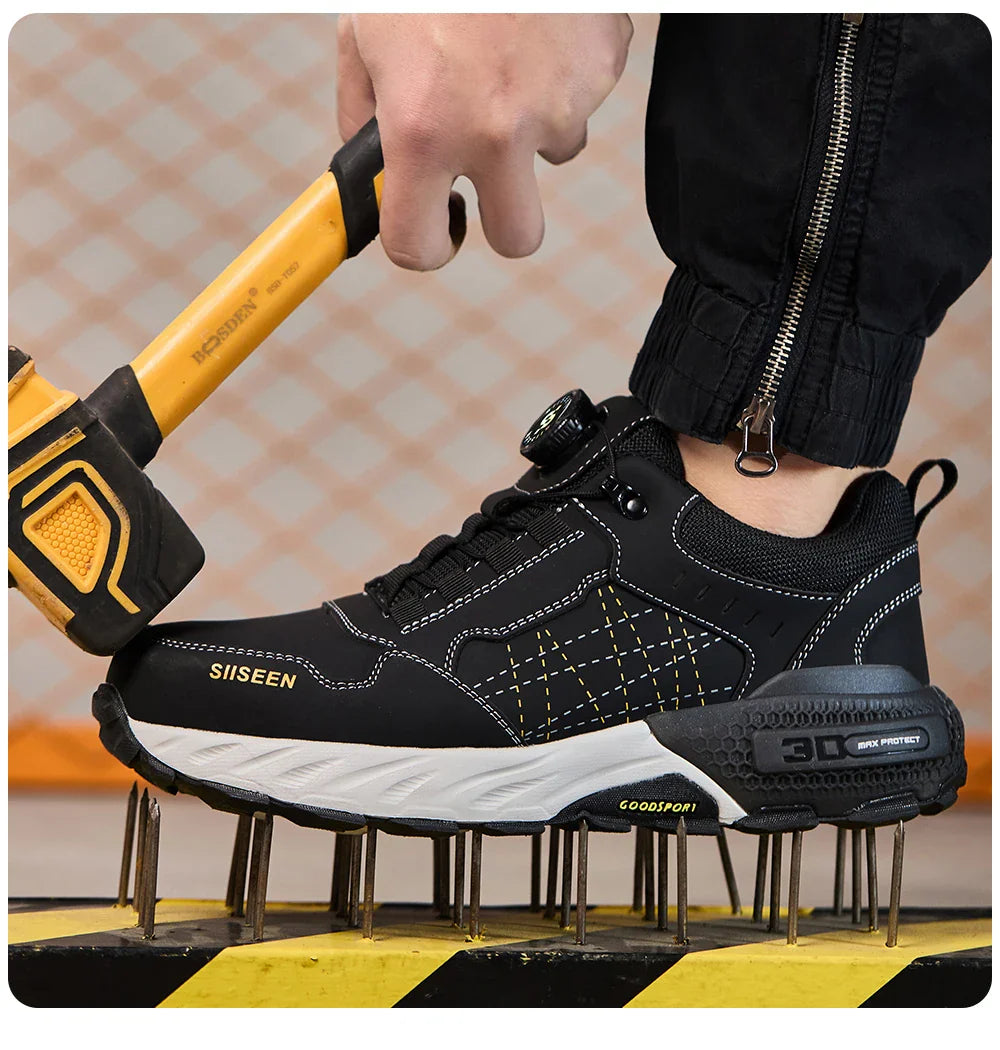 Men's safety shoes with anti - impact steel toes, puncture - resistant Kevlar, and rubber anti - slip soles for industrial work.