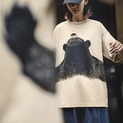 Oversized Bear Print Short Sleeve T-Shirt Women's Summer Apricot Loose Fit Ribbed Crew Neck Tee Cute Casual Street Tops