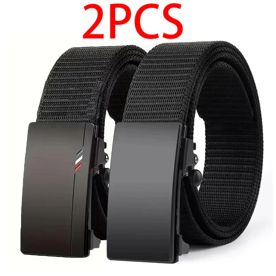 2Pcs Fashion Business Men's Belt Genuine Luxury Brand Leisure Belt Automatic Buckle Belt Canvas Belt With Cargo Pants Jeans Belt
