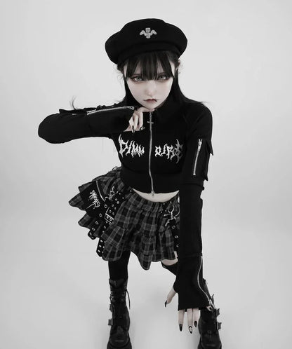 Japanese Style Mine Harajuku Punk Metal Buckle with Packet Decorative Ruffled Short Skirt Sweet Cool Girl Women's Plaid Skirt