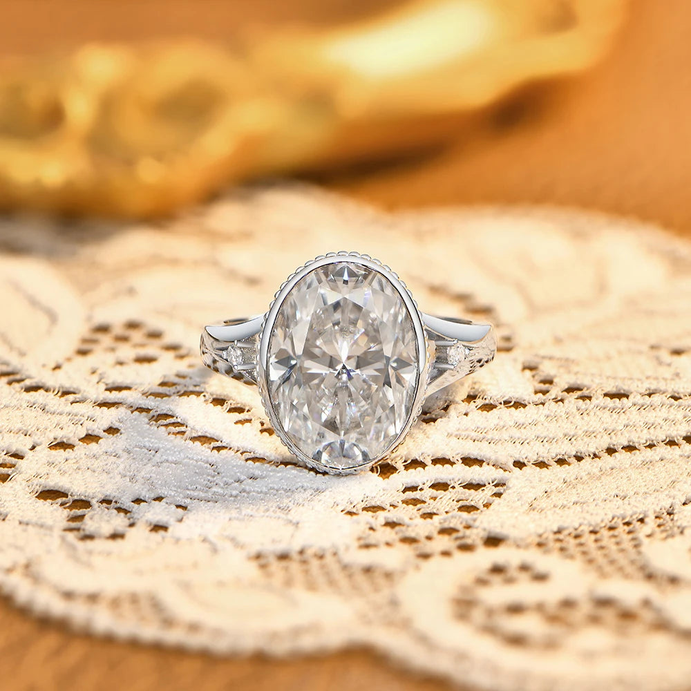 Oval Cut 10CT Dazzling Moissanite Ring 925 Sterling Silver Milgrain Bezel Promise Band ForWomen Vintage Wedding Jewelry
