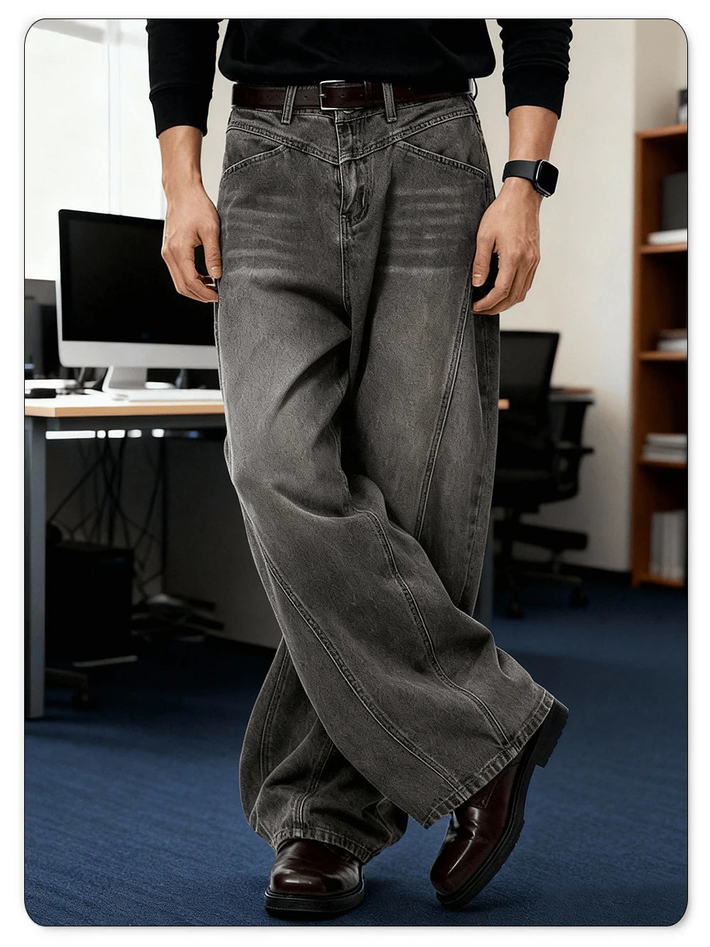 American Retro Grey Men's Baggy Wide Leg Jeans High Street Spliced Deconstruction Design Daily Casual Denim Pants Unisex Clothes