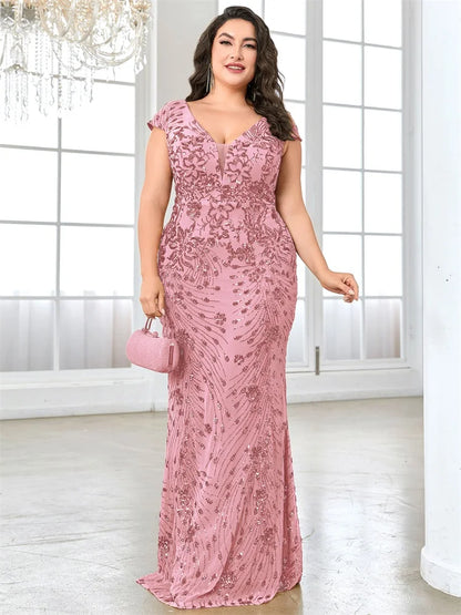 Vestidos de Noite Elegantes Rosa Plus Size com Decote em V e Lantejoulas até o Chão, com Manga Curta, para Madrinhas, Festas e Coquetéis