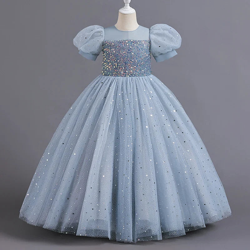 Children's Dress Girls' Princess Sequin Bubble Sleeve Long Mesh Flower Little Girl Wedding For Summer