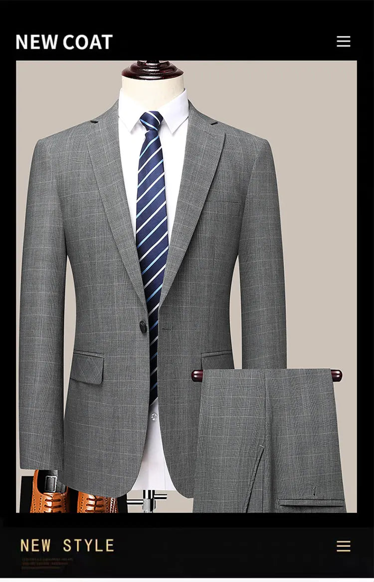 Suits (blazer+ Pants) Men Fashion Business Casual Solid Color Korean Version Slim-fit Plaid Gentleman Wedding Work S-5XL