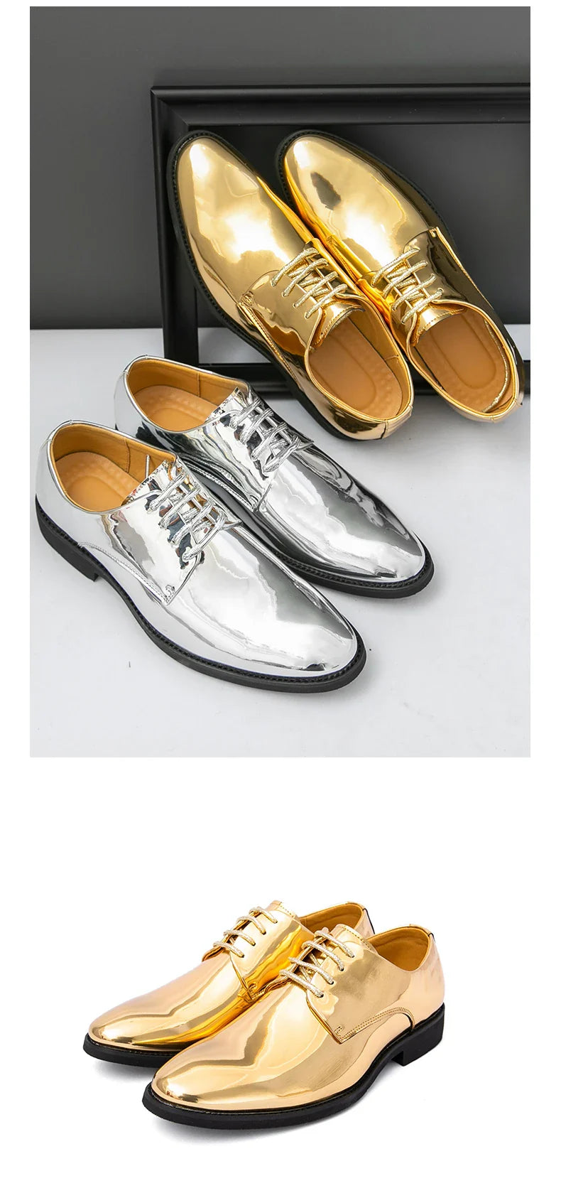 Luxury Silver Dress Shoes Man Patent Leather Shoes Large Size 50 Wedding Shoes Men Pointed toe Party Shoes Designer Formal Shoes