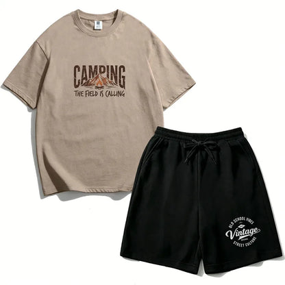 Boys 2PCS Cotton Outfit Set Mountain Print Short Sleeve Tee + Elastic Waist Shorts Camping Summer Set LH21