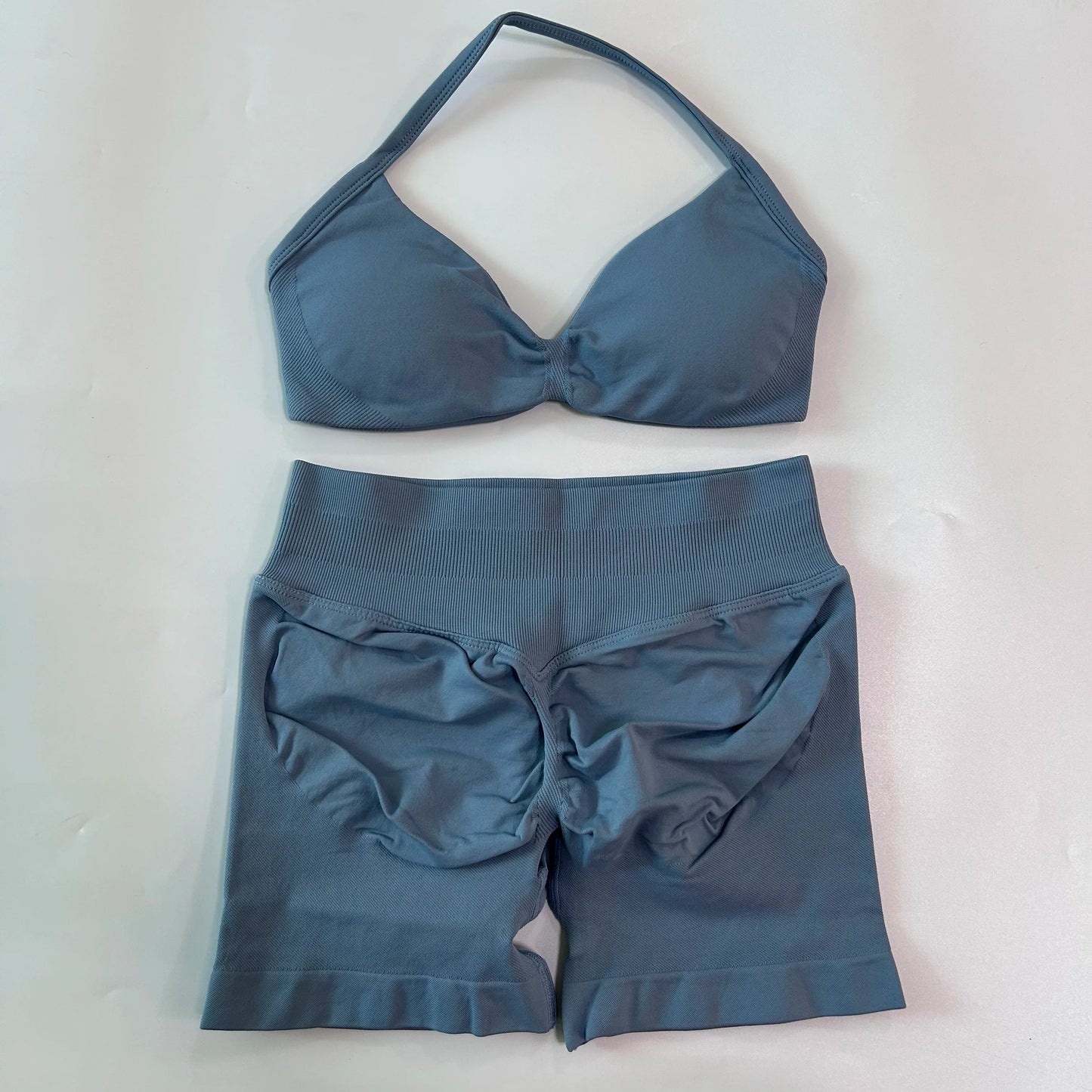 NO LOGO 2PCS Gym Set Women Strappy Yoga Bra Top High Waist Workout Scrunch Shorts Sports Suit Seamless Yoga Set Fitness Clothes