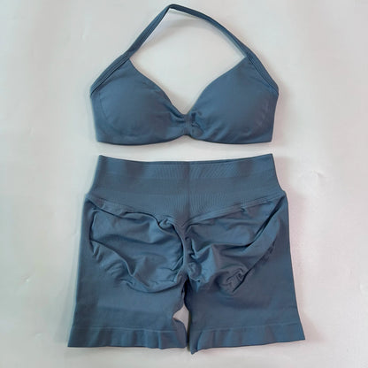 NO LOGO 2PCS Gym Set Women Strappy Yoga Bra Top High Waist Workout Scrunch Shorts Sports Suit Seamless Yoga Set Fitness Clothes