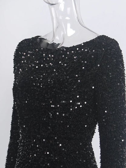 Modest Stretch Sequin O Neck Evening Party Dress Prom Gown Long Sleeve Mermaid Formal Dinner Dresses Elegant 2025