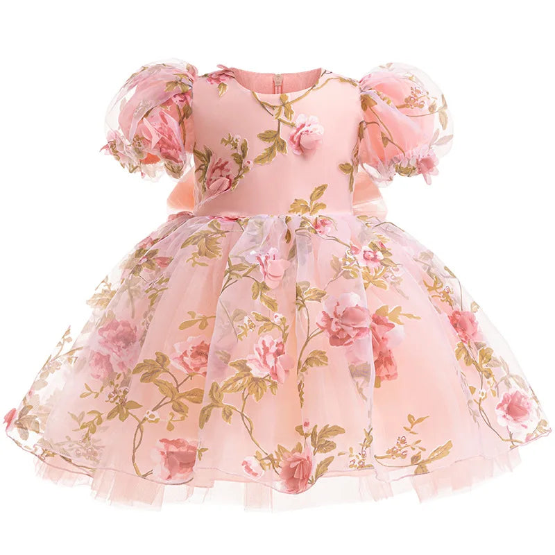 Girls 3D Rose Bubble Sleeves Princess Dress New Children's Fashion Lace Dress Carnival Birthday Party Performance Clothing