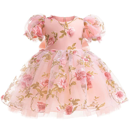 Girls 3D Rose Bubble Sleeves Princess Dress New Children's Fashion Lace Dress Carnival Birthday Party Performance Clothing