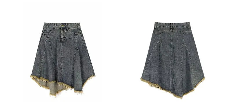 Summer Women Japanese Midi Skirt Denim Irregular Skirt A-line 2000s Abi Y2k Korean Shoujo E-girl Gyaru Tassels Skirt Cyber Punk