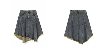 Summer Women Japanese Midi Skirt Denim Irregular Skirt A-line 2000s Abi Y2k Korean Shoujo E-girl Gyaru Tassels Skirt Cyber Punk