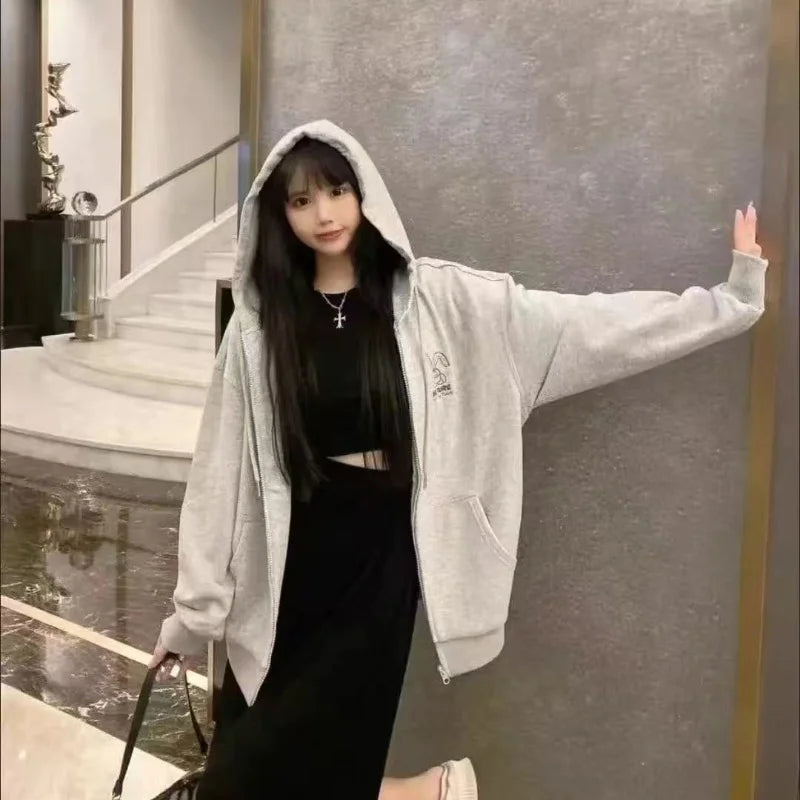 Women Embroidery Print Sporty Chic Hoodies Casual Zip Up Long Sleeve Loose Jacket Coats Harajuku Hooded Sweatshirts Streetwear