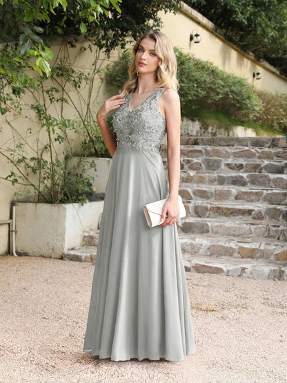 A-line V-neckline Chiffon Lace Pearls Beadings Floor-length Prom Dress Sleeveless Evening Elegant Party Dresses For Women 2024