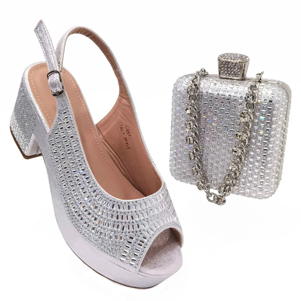 Wedding Shoes for Women Bride Platform Heels Italian Full Drill Design Elegant Shoes and Bags Matching Set