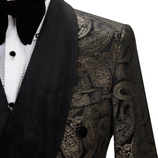 2023 Elegant Men's Suit for Wedding Tuxedo Double Breasted Black Paisley Jacket Velvet Lapel Pants 2 Pcs Set