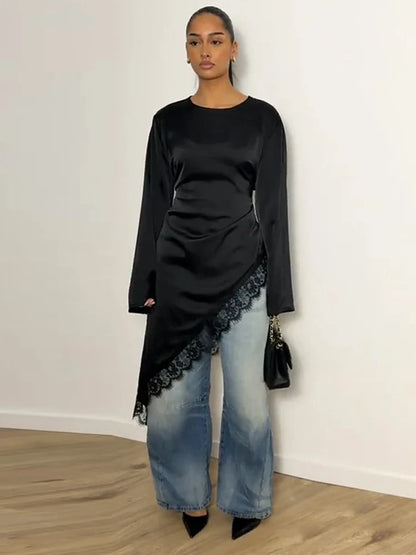 Women's Satin Blouse With Lace Trim Fashion O-neck Long Sleeve Lace Up Waist Irregular Tops 2026 Spring New Chic Lady Streetwear