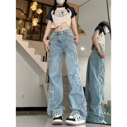 High Street Jeans Design Embroidery High Waist Thin Wide Leg Trousers
