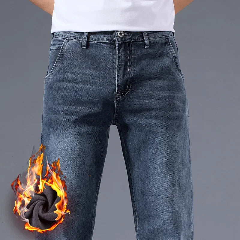 Men's Winter Warm Fleece Lined Thick Stretchable Business Casual Jeans Lightweight Trousers for Office And Daily Wear