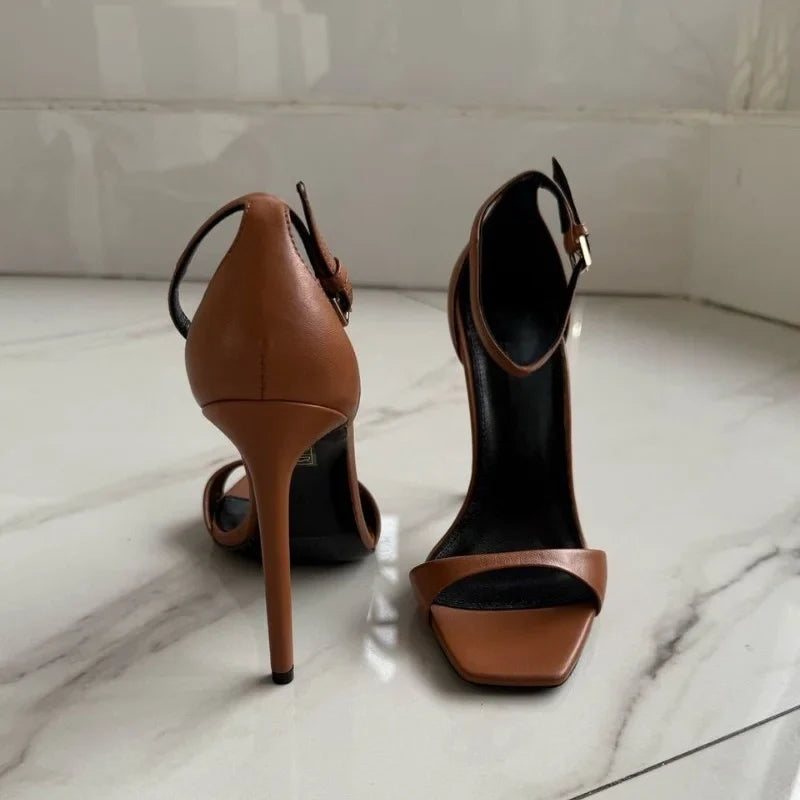 New Fashion Shallow Mouth Bag with One Piece Buckle Strap, Square Head, Open Toe, Fine High Heels Sandals for Women 34-46