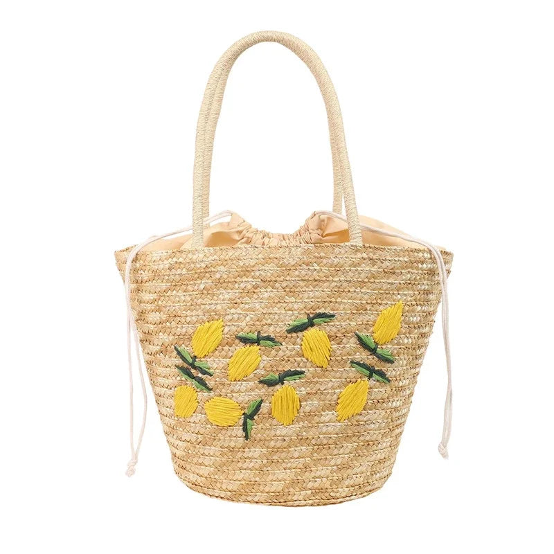 Embroidery Fruit Solid Color Shoulder Bag Straw Woven Hollow Versatile 2025 High Quality Bags for Women New Beach Handbags