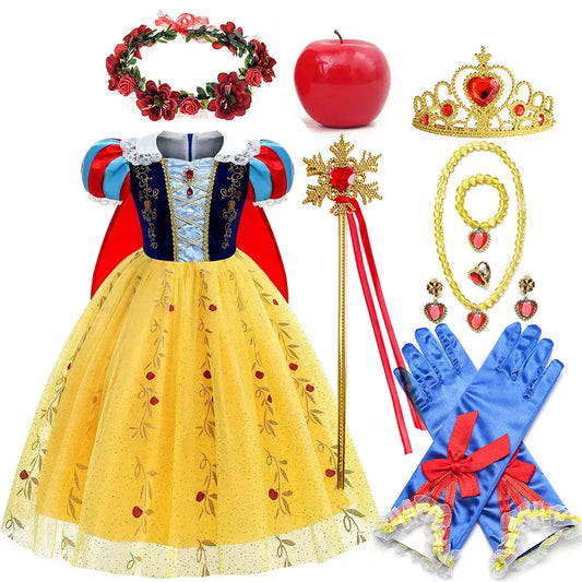 Girl Cosplay Snow White Dress Yellow Luxury Costume With Cloak Holiday Party Gift For Girl Dress + Apple Accessories