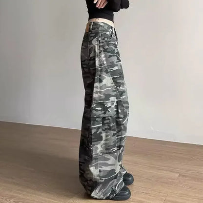 Retro Baggy Knife Edge Camouflage Denim Work Trousers