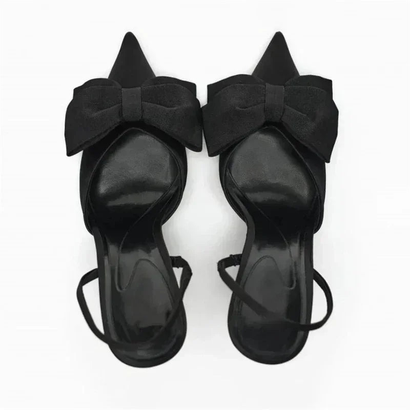 Luxury Silver High Heeled Sandals Women Sexy Pointed Toe Back Strap Thin Heels for Women Elegant Bow Design Banquet Dress Shoes