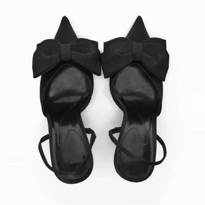 Luxury Silver High Heeled Sandals Women Sexy Pointed Toe Back Strap Thin Heels for Women Elegant Bow Design Banquet Dress Shoes