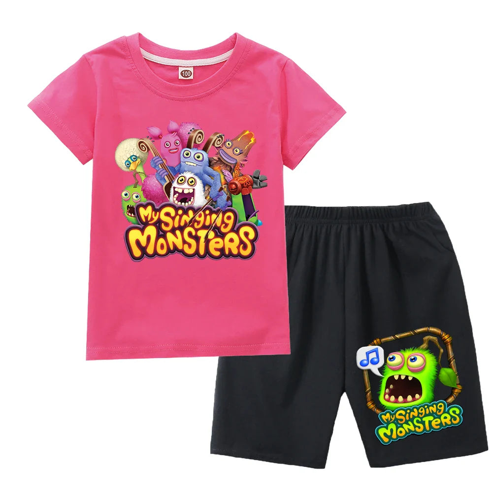Summer Kids Cartoon Print Sport Clothing Suit Monsters Boys Casual Outfits Children Breathable T Shirt Pocket Shorts 2 Piece Set