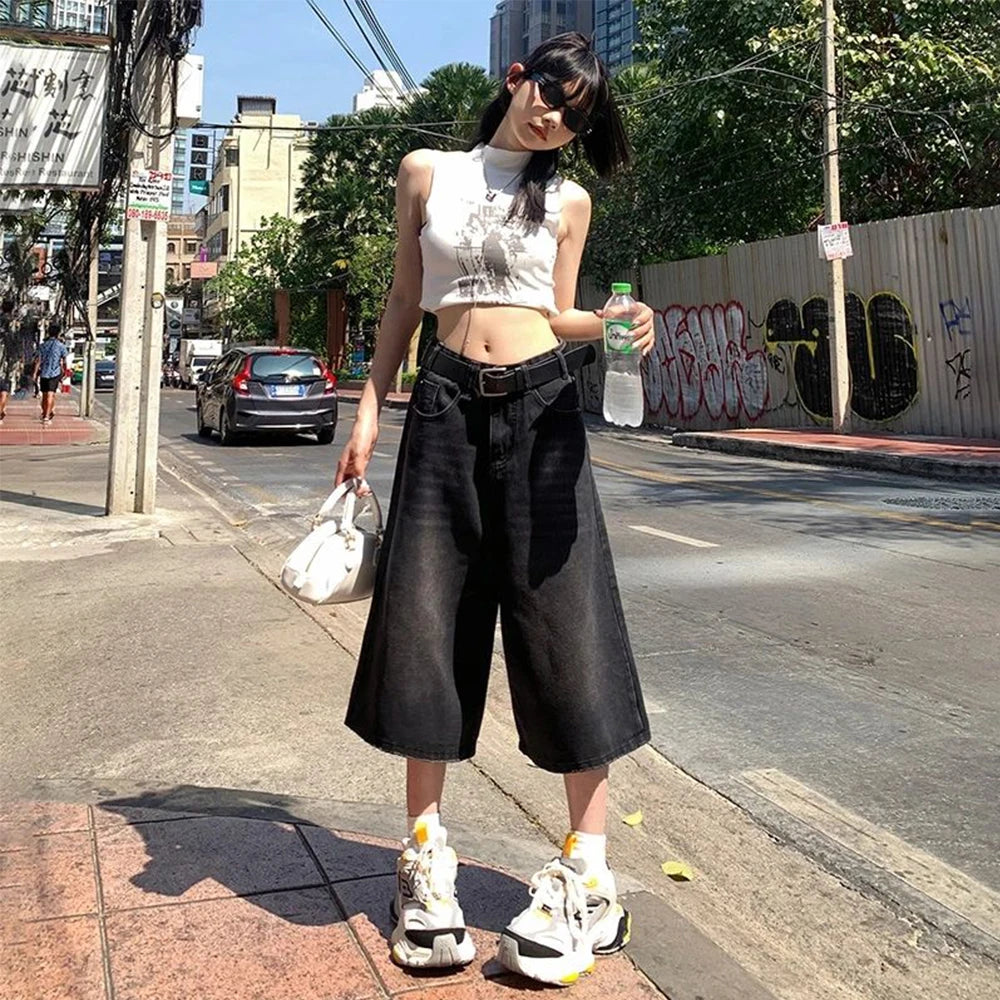Verão American Style Vintage Feminino Jeans Folgado Y2k Solto Lavado Cintura Alta Calça Jeans Comprimento Joelho Streetwear Shorts Perna Larga