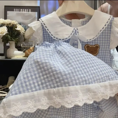 Korean Version Blue Checkered Printed Children's Clothing Sweet Girls Dresses Lace Patchwork Lapel Sleeveless Dress