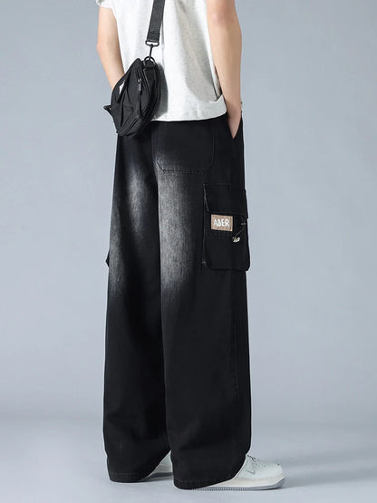 Summer Men's Straight Jeans Multi-Pockets Wide Leg Denim Cargo Pants 8XL 7XL 6XL Big Size Lightweight Baggy Solid Jeans Trousers