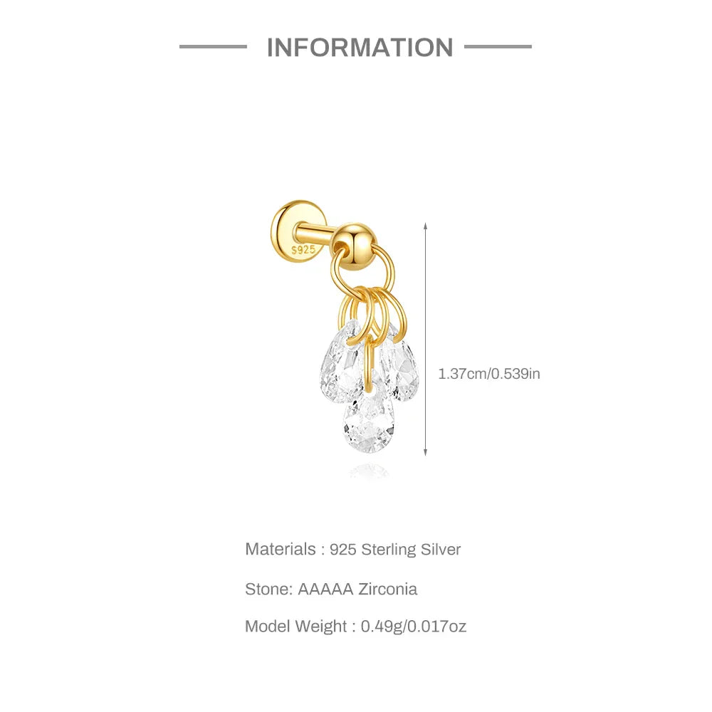 1PC Four Pointed Star Moon Tassel Lotus Cartilage Spiral Puncture 925 Sterling Silver Stud Earring For Women Ins Earring