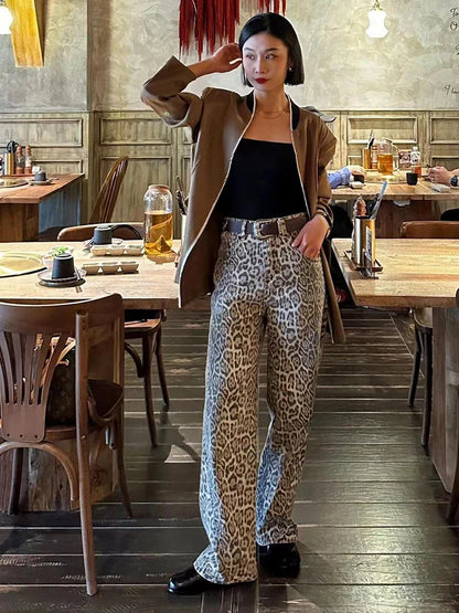 Y2k Vintage Leopard Print Loose Women Jeans