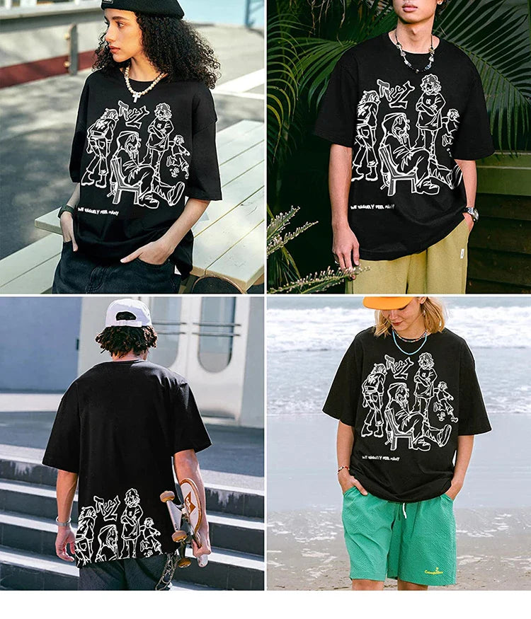 Harajuku Cartoon Girl Cat Japanese Kanji Graphic T Shirt Streetwear Men T-Shirt Summer Short Sleeve Tshirt Tops Tees Unisex