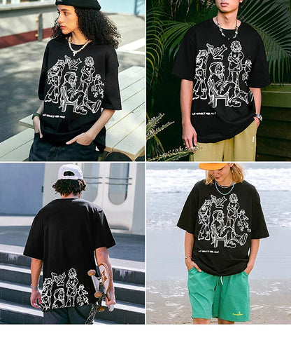 Harajuku Cartoon Girl Cat Japanese Kanji Graphic T Shirt Streetwear Men T-Shirt Summer Short Sleeve Tshirt Tops Tees Unisex
