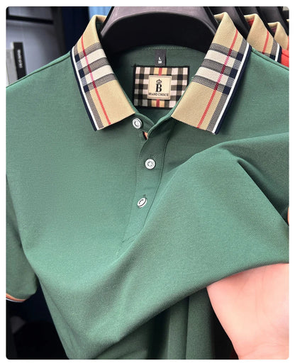 Fashion brand luxury short sleeve polo shirt men summer quality silky cotton breathable business casual striped collar T-shirt