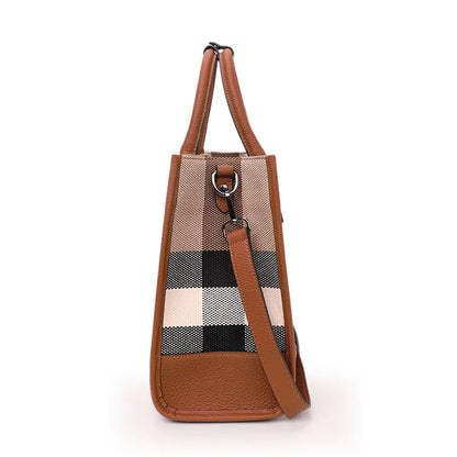 Fashion Plaid Canvas Women's Handbag Classic Versatile Large Capacity Cowhide Single Shoulder Crossbody Bag