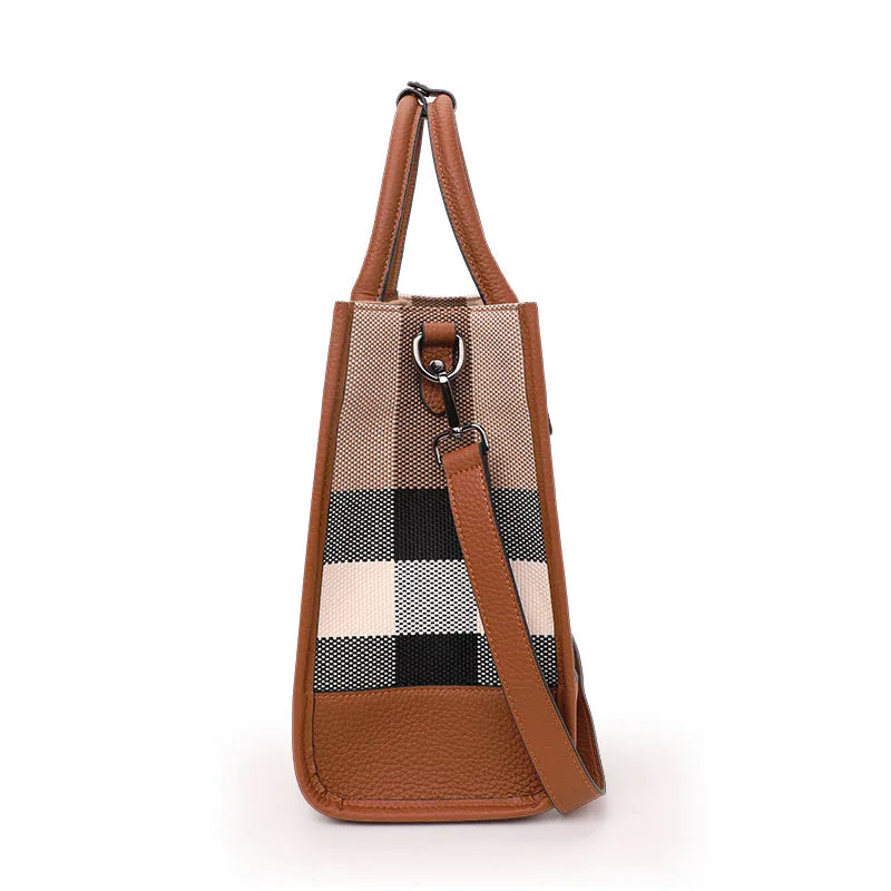 Fashion Plaid Canvas Women's Handbag Classic Versatile Large Capacity Cowhide Single Shoulder Crossbody Bag