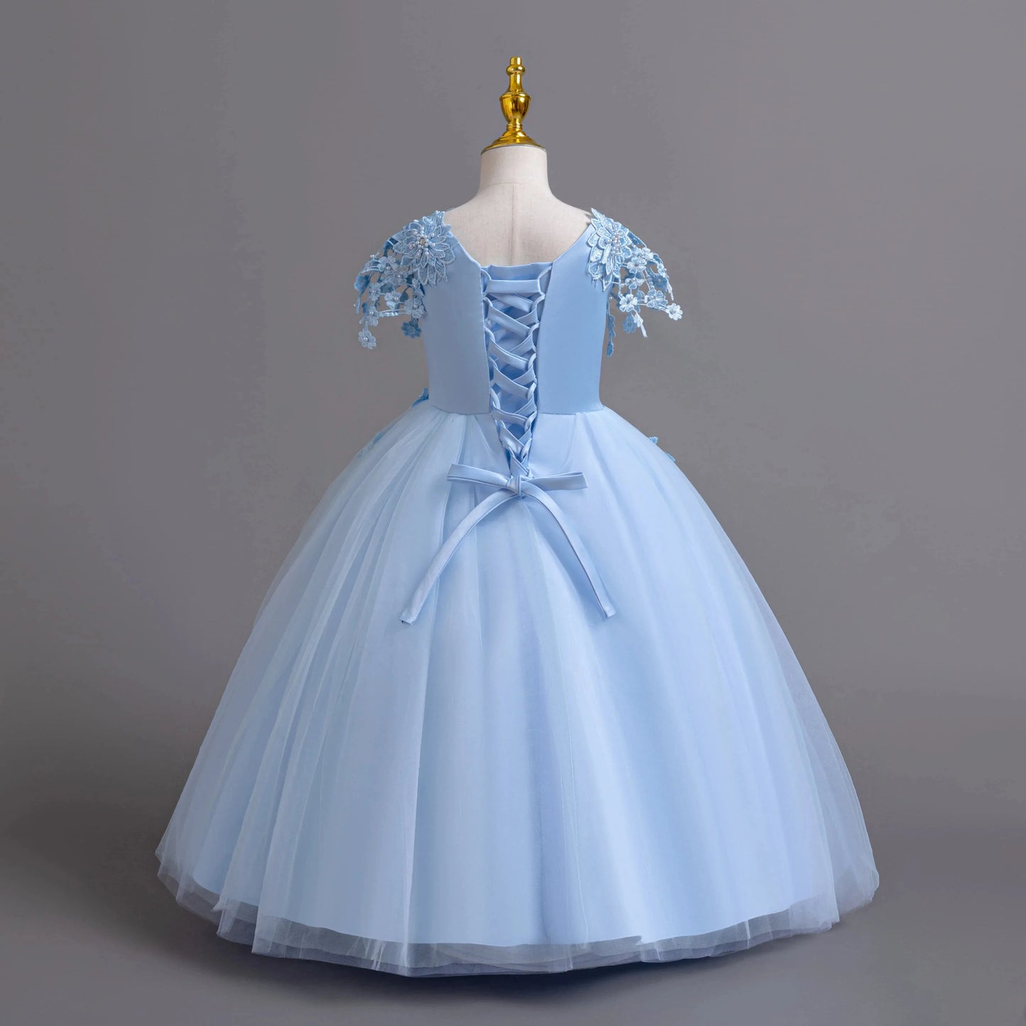 Lace up Tulle Flower Girl Dress Chest with flowers First Communion Ball Gown Wedding Party Bridesmaid Dress Kids 12Y