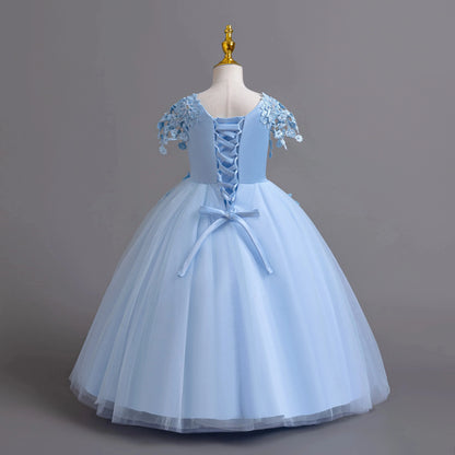Lace up Tulle Flower Girl Dress Chest with flowers First Communion Ball Gown Wedding Party Bridesmaid Dress Kids 12Y