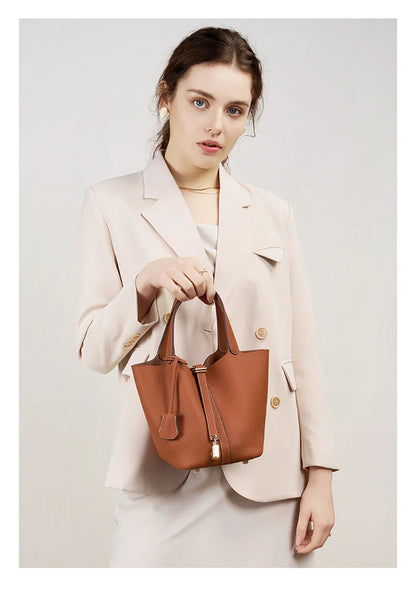 2025 Casual Fashion Female Genuine Leather Bucket Bag Luxury Handbag High-End Tote Bag Woman Cow Leather Mommy Bag & Metal Lock