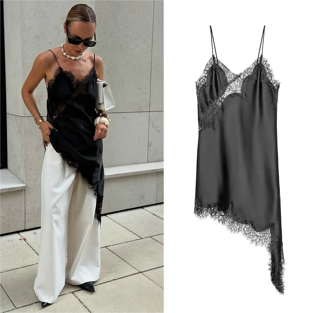 Black Lace Cami Tops Women V Neck Patchwork Sleeveless Y2K Girl Top Fashion 2025 Summer Fall Holiday Beach Top