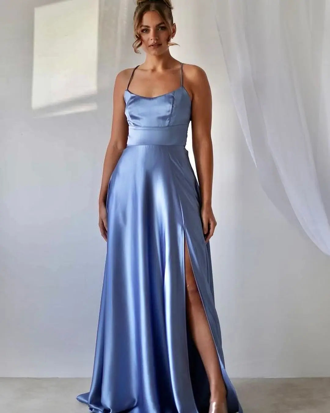 Vestido de Madrinha em Cetim, Estilo Evasê, Fenda, Decote Drapeado, 3 Estilos, com Amarrações, para Eventos Especiais, Vestido de Noite, Vestido de Formatura