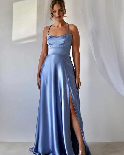 Vestido de Madrinha em Cetim, Estilo Evasê, Fenda, Decote Drapeado, 3 Estilos, com Amarrações, para Eventos Especiais, Vestido de Noite, Vestido de Formatura